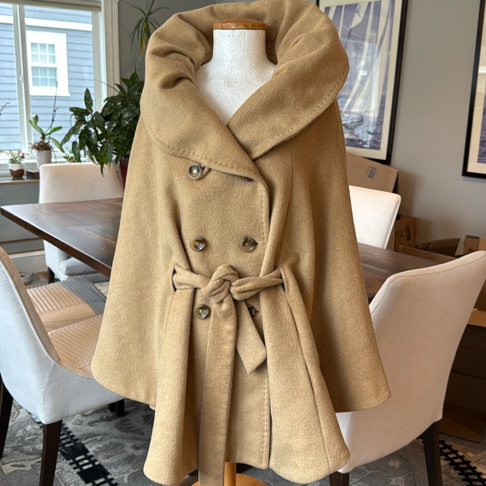 Calvin Klein Wool Double Breasted Shawl Collar Self Tie Cape Poncho with Pockets